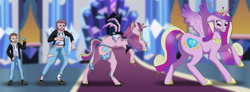 Size: 6741x2486 | Tagged: safe, artist:tf-plaza, princess cadance, alicorn, human, pony, g4, absurd resolution, butt, clothes, female, growth, horse sized pony, human to pony, indoors, lovebutt, male, mare, mid-transformation, plot, ripping clothes, solo, transformation, transformation sequence, transgender transformation