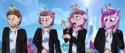 Size: 3439x1470 | Tagged: safe, artist:tf-plaza, princess cadance, human, anthro, g4, blushing, clothes, crown, high res, hoodie, horn, human to anthro, jacket, jewelry, male, regalia, transformation, transformation sequence