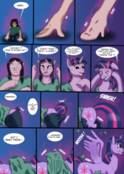 Size: 2476x3486 | Tagged: safe, artist:tf-plaza, twilight sparkle, oc, alicorn, human, pony, g4, clothes, comic, dialogue, female, fingers fusing, high res, horn, human male, human to pony, looking at horn, male, male to female, mare, mental shift, onomatopoeia, ripping clothes, rule 63, shocked, sound effects, speech bubble, torn clothes, transformation, transformation sequence, transgender transformation, twilight sparkle (alicorn)