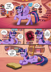 Size: 2467x3484 | Tagged: safe, artist:tf-plaza, twilight sparkle, alicorn, pony, g4, book, comic, female, golden oaks library, happy, high res, human to pony, levitation, magic, male to female, mare, post-transformation, reading, reality shift, rule 63, shocked, solo, speech bubble, telekinesis, transformation, transformed, twilight sparkle (alicorn)