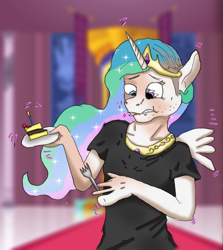 Size: 1646x1849 | Tagged: safe, artist:tf-plaza, princess celestia, alicorn, human, pony, g4, birthday cake, cake, clothes, eating, eye color change, food, fork, holding, human to pony, jewelry, mid-transformation, regalia, solo, surprised, transformation