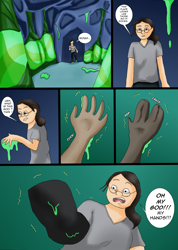 Size: 2481x3492 | Tagged: safe, artist:tf-plaza, changeling, human, changeling hive, changeling slime, comic, high res, human to changeling, speech bubble, transformation, transformation sequence