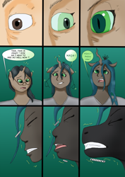 Size: 2459x3477 | Tagged: safe, artist:tf-plaza, queen chrysalis, changeling, changeling queen, human, g4, comic, glasses, high res, human to changeling, speech bubble, transformation, transformation sequence