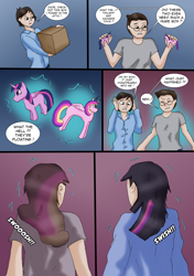 Size: 2444x3477 | Tagged: safe, artist:tf-plaza, princess cadance, twilight sparkle, alicorn, human, pony, g4, comic, dialogue, duo, figurine, high res, human to anthro, speech bubble, transformation, transformation sequence, transgender transformation, twilight sparkle (alicorn)