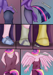 Size: 2459x3477 | Tagged: safe, artist:tf-plaza, princess cadance, twilight sparkle, human, anthro, unguligrade anthro, g4, clothes, comic, duo, female, high res, human to anthro, spread wings, tail, transformation, transformation sequence, transforming clothes, transgender transformation, wings