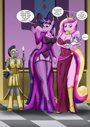 Size: 2456x3477 | Tagged: safe, artist:tf-plaza, princess cadance, princess flurry heart, twilight sparkle, oc, unnamed oc, alicorn, anthro, unguligrade anthro, g4, amazon, baby flurry heart, blushing, breasts, cleavage, clothes, comic, dialogue, dress, female, garter belt, high res, human to anthro, indoors, larger female, lingerie, male, post-transformation, royal guard, size difference, smaller male, socks, speech bubble, stockings, thigh highs, transformation, twilight sparkle (alicorn)