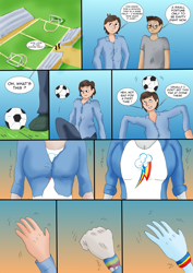 Size: 2469x3485 | Tagged: safe, artist:tf-plaza, rainbow dash, human, equestria girls, g4, age regression, breasts, bust, clothes, comic, dialogue, duo, female, football, high res, male, male to female, outdoors, rule 63, soccer field, speech bubble, sports, transformation, transforming clothes, transgender transformation, younger