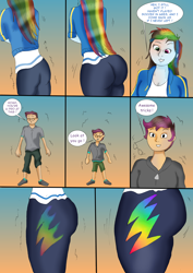 Size: 2462x3480 | Tagged: safe, artist:tf-plaza, rainbow dash, scootaloo, human, equestria girls, g4, age regression, butt, clothes, comic, dialogue, duo, female, high res, long hair, male, male to female, outdoors, preteen, rule 63, short hair, speech bubble, teenager, transformation, transforming clothes, transgender transformation, young adult, younger