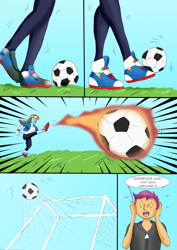 Size: 2463x3475 | Tagged: safe, artist:tf-plaza, rainbow dash, scootaloo, human, equestria girls, g4, age regression, breasts, bust, clothes, comic, duo, female, football, high res, kicking, long hair, male to female, outdoors, preteen, rule 63, short hair, speech bubble, sports, starry eyes, teenager, transformation, transforming clothes, transgender transformation, wingding eyes, young adult, younger