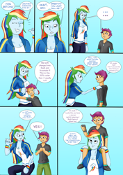 Size: 2468x3482 | Tagged: safe, artist:tf-plaza, rainbow dash, scootaloo, human, equestria girls, g4, ..., age regression, breasts, bust, comic, dialogue, duo, female, high res, long hair, male to female, outdoors, phone, piggyback ride, preteen, rule 63, short hair, siblings, sisters, speech bubble, teenager, transformation, transgender transformation, young adult, younger