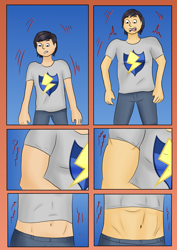 Size: 2480x3508 | Tagged: safe, artist:tf-plaza, flash sentry, human, equestria girls, g4, comic, growth, high res, male, muscle growth, transformation, transformation sequence