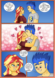 Size: 2480x3508 | Tagged: safe, artist:tf-plaza, flash sentry, sunset shimmer, human, equestria girls, g4, blushing, comic, dialogue, duo, female, heart, high res, kiss on the lips, kissing, male, post-transformation, ship:flashimmer, shipping, speech bubble, straight, transformation