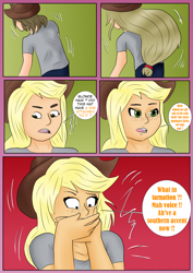 Size: 2480x3508 | Tagged: safe, artist:tf-plaza, applejack, human, equestria girls, g4, applejack's hat, comic, cowboy hat, female, hand over mouth, hat, high res, speech bubble, surprised, transformation