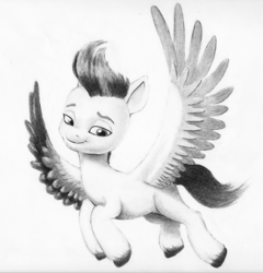 Size: 1000x1043 | Tagged: safe, artist:nedemai, zipp storm, pegasus, pony, g5, female, flying, lidded eyes, mare, pencil drawing, simple background, smiling, solo, spread wings, traditional art, white background, wings