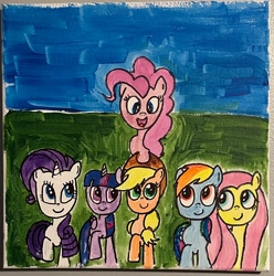 Size: 1834x1846 | Tagged: safe, artist:joeysclues, applejack, fluttershy, pinkie pie, rainbow dash, rarity, twilight sparkle, alicorn, earth pony, pegasus, pony, unicorn, g4, applejack's hat, cowboy hat, female, folded wings, hat, horn, looking at someone, mane six, open mouth, open smile, outdoors, raised hoof, smiling, traditional art, wings