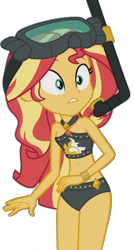 Size: 705x1320 | Tagged: safe, edit, edited screencap, editor:jacksontormbaymaz, screencap, sunset shimmer, equestria girls, g4, my little pony equestria girls: better together, unsolved selfie mysteries, belly, belly button, bikini, clothes, dive mask, geode of empathy, goggles, jewelry, magical geodes, necklace, snorkel, sunset shimmer's beach shorts swimsuit, surprised, swimsuit, teeth, wide eyes, wrist cuff