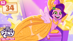 Size: 3840x2160 | Tagged: safe, artist:shad0w-galaxy, pipp petals, pegasus, pony, g5, my little pony: tell your tale, leak, spoiler:g5, spoiler:my little pony: tell your tale, clothes, dress, eyeshadow, female, high res, i can't believe it's not hasbro studios, jewelry, makeup, mare, necklace, open mouth, pipp-sync battle, show accurate, smiling, solo, spread wings, stage, stage light, starry eyes, style emulation, thumbnail, waving, wingding eyes, wings, youtube thumbnail