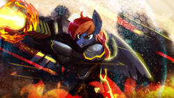 Size: 1920x1080 | Tagged: safe, artist:hierozaki, oc, oc only, oc:firewire, pegasus, pony, armor, bipedal, commission, force field, furrowed brow, gun, male, open mouth, rifle, stallion, weapon