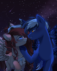 Size: 2200x2753 | Tagged: safe, artist:mavka, oc, oc:maverick, oc:ondrea, oc:squall splitter, pegasus, pony, holding head, night, romantic, sex, stars