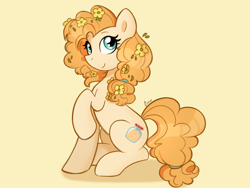 Size: 2160x1620 | Tagged: safe, artist:chaoticcr0w, pear butter, earth pony, pony, g4, female, mare, raised hoof, simple background, sitting, smiling, solo, yellow background