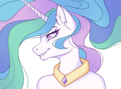 Size: 2230x1652 | Tagged: safe, artist:all619, princess celestia, anthro, g4, bust, fangs, female, flowing mane, grin, horn, peytral, portrait, simple background, smiling, solo, white background