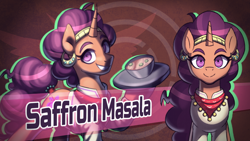 Size: 1920x1080 | Tagged: safe, artist:bkiltersot, saffron masala, pony, unicorn, g4, bandana, clothes, danganronpa, female, food, front view, horn, jewelry, looking at you, mare, plate, solo, soup, style emulation, text