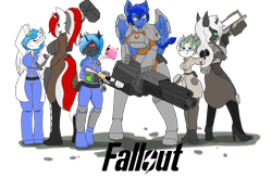 Size: 5609x3654 | Tagged: safe, oc, oc:kitu elder, oc:red rocket, oc:winter white, changeling, changeling queen, deer, deer pony, hybrid, original species, pegasus, unicorn, anthro, fallout equestria, armor, clothes, gun, horn, unicorn oc, weapon