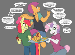 Size: 2151x1600 | Tagged: safe, artist:nudeknightart, apple bloom, scootaloo, sweetie belle, earth pony, pegasus, unicorn, anthro, plantigrade anthro, g4, abuse, barefoot, buns, burger, cutie mark crusaders, feet, fetish, food, foodplay, foot fetish, french fries, hamburger, horn, ketchup, looking at each other, looking at someone, looking at you, one eye closed, plate, sandwich, sauce, scootabuse, simple background, smiling, soles, toes, wings