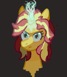 Size: 547x625 | Tagged: safe, artist:zoeyhorse, sunset shimmer, pony, unicorn, g4, black background, bust, female, furrowed brow, glowing, glowing horn, horn, looking at you, mare, simple background, solo