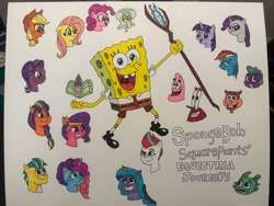 Size: 4032x3024 | Tagged: safe, artist:dylanwayneburk, applejack, fluttershy, hitch trailblazer, izzy moonbow, misty brightdawn, pinkie pie, pipp petals, rainbow dash, rarity, sparky sparkeroni, spike, starlight glimmer, sunny starscout, twilight sparkle, zipp storm, alicorn, dragon, earth pony, pegasus, pony, unicorn, series:spongebob squarepants' equestria journeys, g4, g5, my little pony: friendship is magic, my little pony: tell your tale, baby, baby dragon, crossover, crystal, earth pony crystal, female, horn, male, mane five, mane six, mane six (g5), mare, mr. krabs, patrick star, pegasus crystal, sandy cheeks, simple background, spongebob squarepants, spongebob squarepants (character), squidward tentacles, staff, staff of sacanas, stallion, title, title card, traditional art, twilight sparkle (alicorn), unicorn crystal, unity crystals