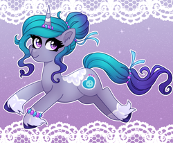 Size: 2368x1948 | Tagged: safe, artist:emera33, izzy moonbow, pony, unicorn, g5, alternate design, female, gradient background, hair bun, high res, horn, lace, looking back, mare, saddle, smiling, solo, tack