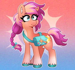 Size: 2128x1983 | Tagged: safe, artist:emera33, sunny starscout, earth pony, pony, g5, alternate design, ear fluff, female, freckles, gradient background, high res, looking at you, mare, smiling, smiling at you, solo, sunny's bag, tongue out, unshorn fetlocks