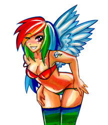 Size: 700x811 | Tagged: artist needed, safe, rainbow dash, human, g4, bikini, bikini bottom, bikini top, clothes, female, humanized, one eye closed, socks, solo, swimsuit, winged humanization, wings