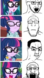 Size: 736x1308 | Tagged: safe, edit, edited screencap, screencap, sci-twi, twilight sparkle, human, equestria girls, g4, chud, chudjak, comparison, comparison chart, glasses, meme, open mouth, pinpoint eyes, screaming, soyjak, unamused, wojak