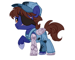 Size: 4500x3600 | Tagged: safe, artist:jadedjynx, oc, oc only, oc:gear grind, cyborg, amputee, artificial wings, augmented, clothes, cute, eyepatch, hat, overalls, prosthetic limb, prosthetic wing, prosthetics, raised hoof, simple background, smiling, solo, transparent background, wings