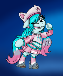 Size: 4128x4952 | Tagged: safe, artist:xppp1n, pony, belt, clothes, female, fortnite, hatsune miku, hoodie, looking at you, mare, multicolored hair, one eye closed, ponified, skirt, solo, standing on two hooves, vocaloid, wink