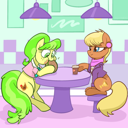 Size: 2048x2048 | Tagged: safe, artist:pfeffaroo, chickadee, ms. harshwhinny, ms. peachbottom, earth pony, pony, g4, burger, coffee, duo, duo female, eating, female, food, hay burger, herbivore, high res, mare, sitting, smiling