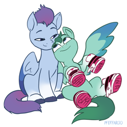 Size: 2048x2048 | Tagged: safe, artist:pfeffaroo, thunder flap, zoom zephyrwing, pegasus, pony, g5, adorazoom, clothes, cute, duo, duo male and female, female, guardsmare, happy, high res, looking at each other, looking at someone, male, mare, royal guard, ship:zoomthunder, shipping, shoes, smiling, sneakers, stallion, straight, thundorable, wings