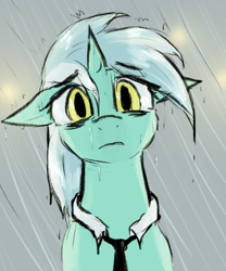 Size: 464x558 | Tagged: safe, artist:sleepyhoers, lyra heartstrings, pony, unicorn, g4, bags under eyes, clothes, collar, crying, female, horn, looking at you, mare, necktie, rain, sad, solo