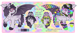 Size: 3342x1500 | Tagged: oc name needed, safe, artist:stimpower, oc, oc only, bat pony, pony, >:d, >:p, bags under eyes, bat pony oc, beanie, choker, clothes, coat markings, colored hooves, colored wings, coontails, dappled, ear piercing, ear tufts, earring, eyeshadow, fangs, fluffy leg warmers, freckles, glasses, glow bracelets, gradient wings, hat, heart shaped glasses, hooves, jewelry, leg warmers, magical lesbian spawn, makeup, mismatched hooves, mismatched leg warmers, multicolored background, multicolored wings, offspring, open mouth, open smile, parent:inky rose, parent:moondancer, parents:inkydancer, patterned wings, piercing, purple eyeshadow, raised hoof, smiling, solo, spiked wristband, spread wings, striped leg warmers, teal eyes, tongue out, turned head, two toned mane, watermark, wings, wristband, yellow eyeshadow