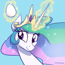 Size: 2048x2048 | Tagged: safe, artist:pfeffaroo, princess celestia, alicorn, pony, g4, adorable face, bust, crown, cute, cutelestia, egg, female, glowing, glowing horn, high res, horn, implied spike, jewelry, levitation, light blue background, magic, magic aura, mare, portrait, regalia, signature, simple background, smiling, solo, telekinesis