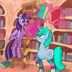 Size: 2048x2048 | Tagged: safe, artist:pfeffaroo, twilight sparkle, oc, alicorn, pony, unicorn, g4, book, clothes, duo, duo male and female, female, folded wings, golden oaks library, high res, horn, indoors, ladder, levitation, looking at each other, looking at someone, magic, magic aura, male, mare, open mouth, open smile, raised hoof, smiling, smiling at each other, socks, stallion, striped socks, telekinesis, twilight sparkle (alicorn), unicorn oc, wings