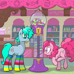 Size: 2048x2048 | Tagged: safe, artist:pfeffaroo, pinkie pie, oc, earth pony, pony, unicorn, g4, clothes, coin, duo, duo male and female, female, gumball machine, high res, horn, indoors, male, mare, mouth hold, socks, solo, stallion, striped socks