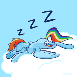 Size: 2048x2048 | Tagged: safe, artist:pfeffaroo, rainbow dash, pegasus, pony, g4, cloud, cute, dashabetes, eyes closed, female, floppy ears, high res, lying down, mare, nap, on a cloud, onomatopoeia, open mouth, outdoors, prone, sleeping, sleeping on a cloud, solo, sound effects, spread wings, underhoof, wings, zzz