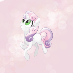 Size: 2048x2048 | Tagged: safe, artist:pfeffaroo, sweetie belle, pony, unicorn, g4, blank flank, cute, diasweetes, female, filly, foal, high res, horn, pink background, simple background, smiling, solo