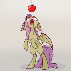 Size: 2048x2048 | Tagged: safe, artist:pfeffaroo, fluttershy, bat pony, pony, g4, apple, bat ears, bat ponified, bat wings, beige background, drool, fangs, female, floppy ears, flutterbat, food, gradient background, high res, looking at something, looking up, mare, nose in the air, open mouth, race swap, reaching, rearing, red eyes, simple background, solo, spread wings, standing, three quarter view, want, wings