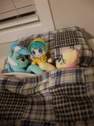 Size: 3024x4032 | Tagged: safe, fluttershy, lyra heartstrings, human, pegasus, unicorn, g4, bed, blanket, cuddling, cute, daaaaaaaaaaaw, horn, irl, luce, photo, pillow, plushie, snuggling, sweet dreams fuel