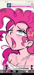 Size: 1080x2400 | Tagged: safe, artist:l4zy_4le, pinkie pie, human, g4, bare shoulder portrait, bare shoulders, breasts, bust, busty pinkie pie, humanized, lidded eyes, looking up, open mouth, portrait, solo, wip