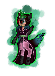 Size: 4120x5704 | Tagged: safe, artist:toffee-the-dingo, queen chrysalis, changeling, changeling queen, human, g4, black sclera, clothes, dress, eye color change, female, glowing, glowing horn, high res, horn, simple background, solo, standing, transformation, transparent background