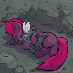 Size: 2048x2048 | Tagged: safe, artist:pfeffaroo, grubber, tempest shadow, hedgehog, pony, unicorn, g4, my little pony: the movie, adult blank flank, blank flank, blank flank tempest, broken horn, cuddling, cute, daaaaaaaaaaaw, duo, eye scar, eyes closed, facial scar, female, grubbest, high res, horn, male, mare, outdoors, rock, scar, shipping, sleeping, snuggling, straight, tempestbetes